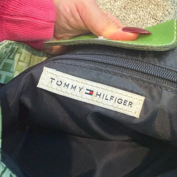 Vintage Tommy Hilfiger Y2K Monogrammed Jacquard Leather Trim Green Tote Bag - Picture 6 of 7
